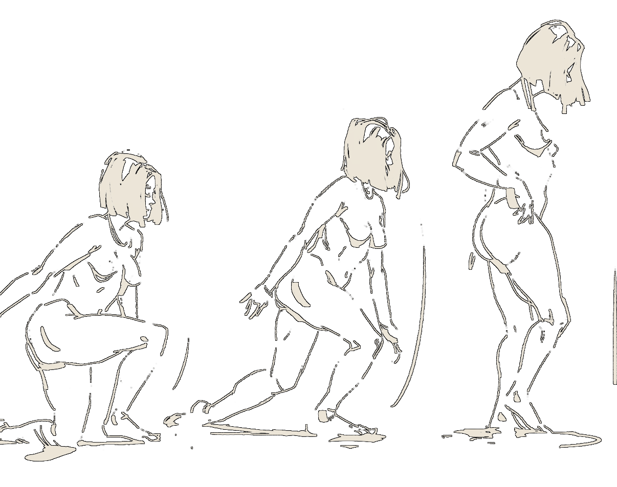Three figures moving through a sequence of standing poses